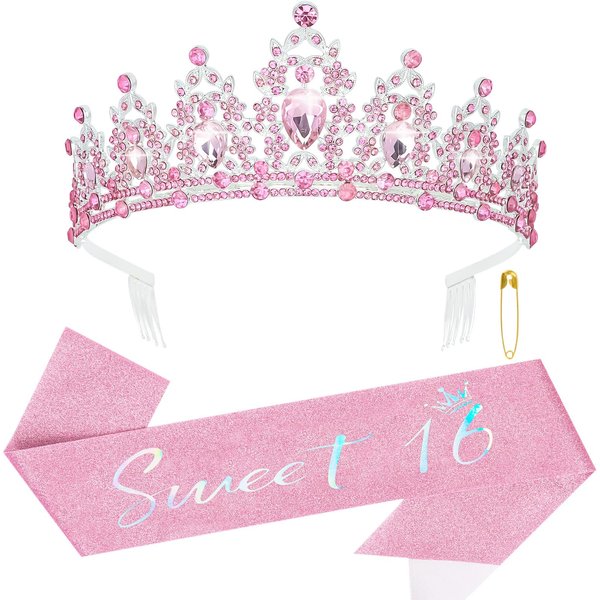 YARIEW Pink Sweet 16 Sash and Tiara Set, Sweet 16 Birthday Decorations for Girls, Birthday Crown and Sash, 16th Birthday Gifts for Girls, Sweet Sixteen Gifts for Girls…
