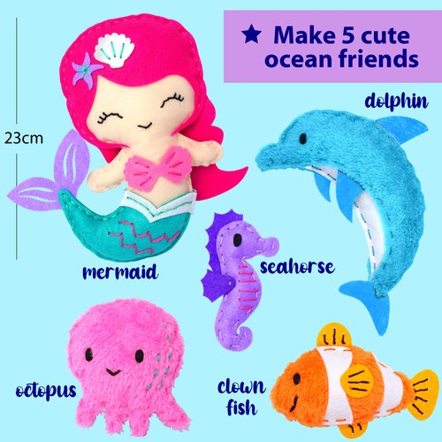 KRAFUN Mermaid Sea Animals Beginner Sewing Kit for Kids Art & Craft kit, Includes 5 Soft Plush Dolls, Instructions & Felt Materials for Learn to Sew, Embroidery Skills, Gift for Girls Educational