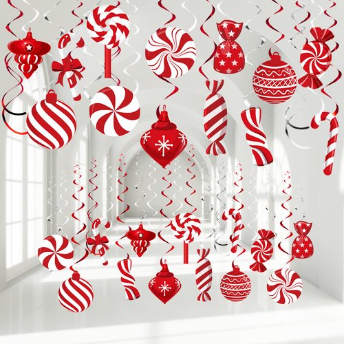 Funrous Peppermint Candy Hanging Swirls Decorations for Ceiling - Red and White Holiday Party Streamers