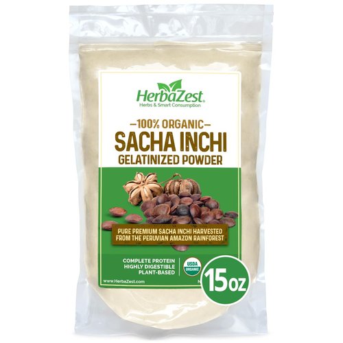 HerbaZest Sacha Inchi Protein Powder Organic - 15oz - USDA Certified, Vegan & Gluten-Free Superfood - Perfect for Smoothies, Baking, Yogurt, Hot Cereal & Savory Dishes
