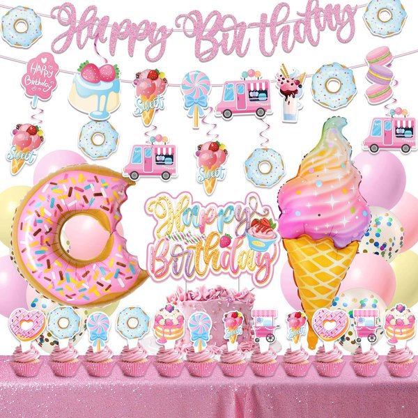 JUYRLE Sweets Birthday Party Decorations for Girls- Pastel Ice Cream Party Supplies, Donut Balloons Happy Birthday Banner Cupcake Topper Candy Theme Birthday for Baby Shower Wedding