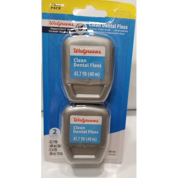 Walgreens Clean Dental Floss 43.7 Yards Each, 87.4 Yards Total, Mint Flavor, (Twin Pack)