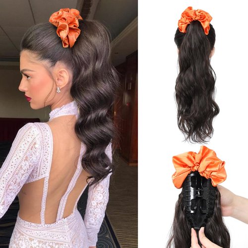 BUPPLER Ponytail Extension with Scrunchies Ponytail Wig Claw Clip in Fake Ponytail Hair Extensions Synthetic High/Low Pony Tail Hair Piece for Women (Orange Scrunchie Natural Black Wavy)