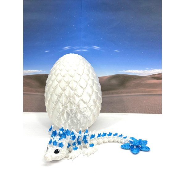 Generic 3D Printed Baby Dragon with Dragon Egg, 6"" Articulated White and Blue Cherry Blossom Baby Dragon, Home Decor Executive Desk Toys,Fidget Toys for Autism/ADHD BD004-WB, Small, BD004-BW