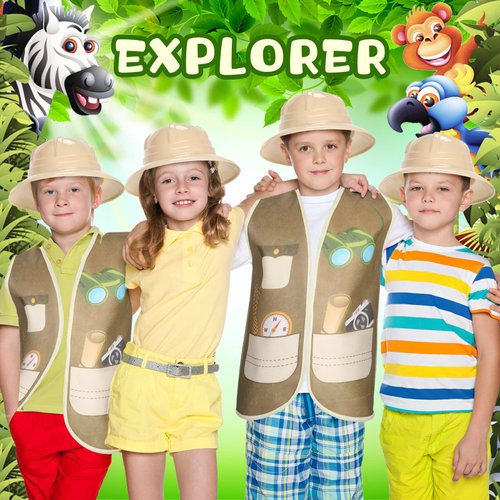 12 Pcs Safari Hats and Vest for Kids Safari Dress Costume Include 6 Safari Party Hats and 6 Safari Party Vest Safari Party Supplies for Theme Jungle Party Birthday Halloween Party Decorations
