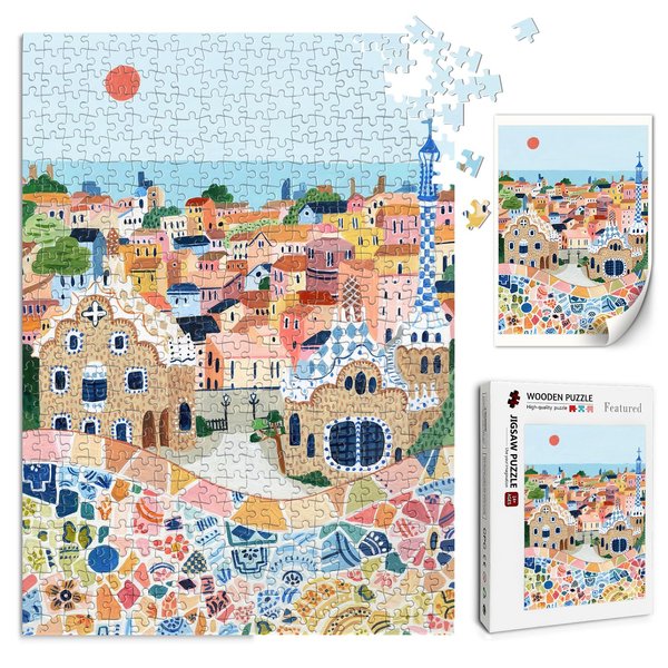 Barcelona Wooden Puzzles for Adults 500 Pieces World Travel Puzzle Travel Poster Puzzle with Island Landscape Famous Buildings