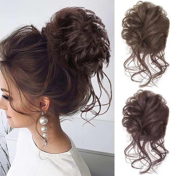 RUSTAMM 2Pcs Messy Bun Hair Piece Long Curly Tousled Updo Hair Extensions With Elastic Women Girls Hair Bands Ponytail Hairpieces (Brown, light brown)