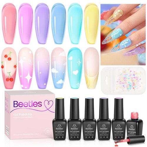 Beetles Jelly Gel Nail Polish, 6 Colors Summer Crystal Glass Translucent Pastel Gel Polish Blue Red Green Purple Yellow Soak Off UV Gel Polish with Mermaid Bubble Beads Nail Art Rainbow Nails