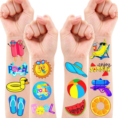 Generic 100 PCS Summer Pool Temporary Tattoos Birthday Party Decorations Favors Supplies Beach Balls Floats Swimming Pool Funny Items Decor Stickers For Girls Boys Gift School Prizes Rewards