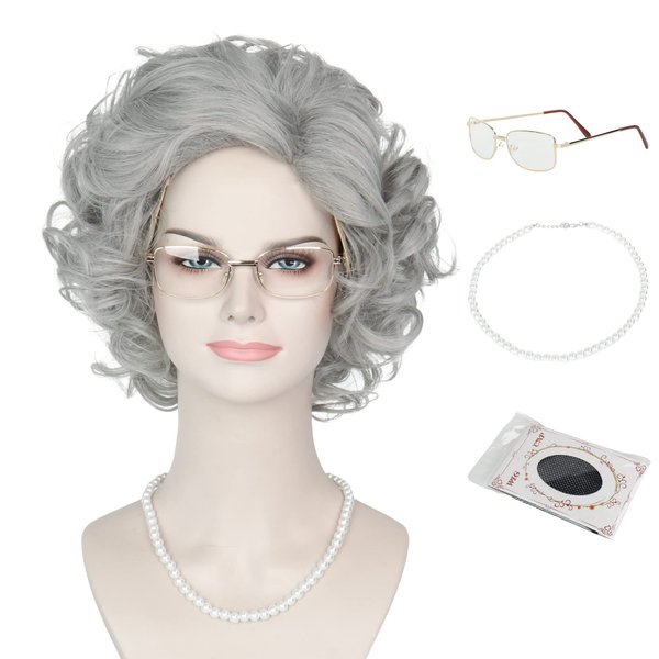 MISS U HAIR Old Lady Wig and Accessories Grandma Granny Costume Wig Short Curly Grey Cosplay Wig Halloween Party Wig
