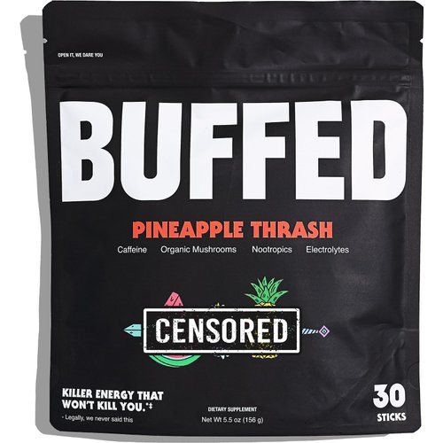 BUFFED Energy Powder Stick Packs, Drink Mix | Clean, Healthy Boost Packets | 150mg Caffeine + Hydration | Nootropics, Organic Mushrooms, B-Vitamins, Electrolytes | 30 Pack-Pineapple Thrash