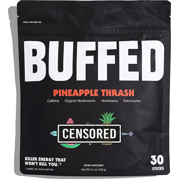 BUFFED Energy Powder Stick Packs, Drink Mix | Clean, Healthy Boost Packets | 150mg Caffeine + Hydration | Nootropics, Organic Mushrooms, B-Vitamins, Electrolytes | 30 Pack-Pineapple Thrash