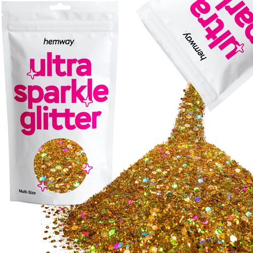 Hemway Ultra Sparkle Glitter - Multi-Size Chunky Fine Cosmetic Glitter Mix for Body Face Hair Eye Nail Art Festival, Crafts for Tumbler Resin Decorations - Gold Holographic - 100g / 3.5oz