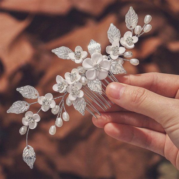 JONKY Bride Wedding Flower Hair Side Comb Silver Leaf Hair Pieces Rhinestone Headpieces Pearl Bridal Hair Accessories for Women(Flower1)