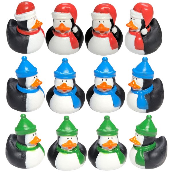 Cool Winter Antarctica Penguin in Santa Hat Rubber Ducks (2") Standard Size. (12 Pack) Cute Duck Bath Tub Pool Toys. (Penguin Rubber Duckies)