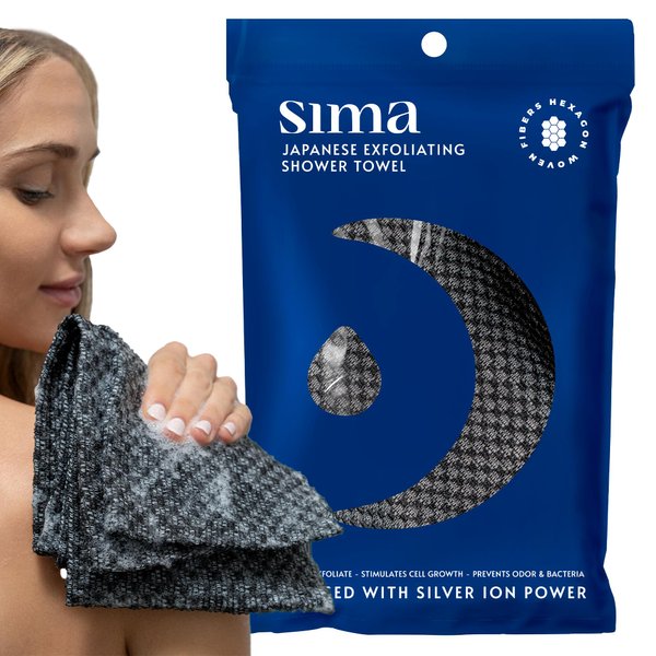 Sima Brand Exfoliating Washcloth Face & Body Scrub Towel - Japanese Exfoliating Towel with Hexagon Fibers, Exfoliating Body Scrubber with 2 Sides for Scrubbing & Washing (Body Towel - Black)