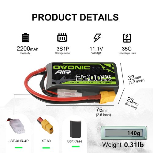 OVONIC 3s Lipo Battery 35C (Burst 70C) 2200mAh 11.1V Lipo Battery with XT60 Connector for Airplane RC Quadcopter Helicopter FPV Drone(2pcs)
