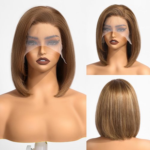 Short Bob Wig Human Hair 13x4 HD Lace Front Wigs Human Hair Ombre Lace Frontal Dark Beige Blonde Wig for Women Free Part Blonde Bob Wig for White Women with Highlights 12Inch