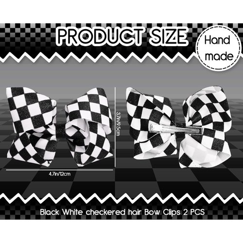 JarThenaAMCS 2Pcs Glitter Racing Checkered Flag Hair Bow Clips 4.7 Inch Black White Plaid Grosgrain Ribbon Clip Race Car Barrettes Alligator Clips for Girls Women Racing Fan Pigtail Hair Accessories