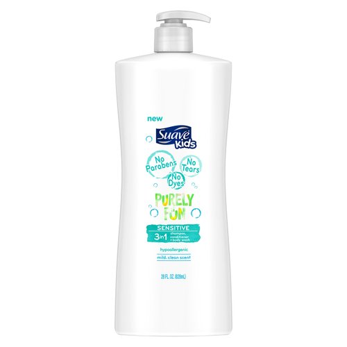 Suave Kids 3 in 1 Shampoo Conditioner Body Wash, Purely Fun Sensitive, 28 oz