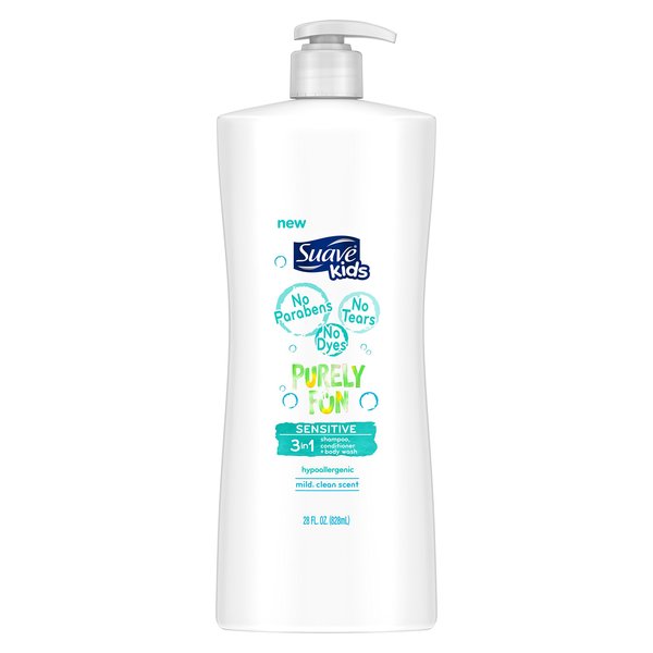 Suave Kids 3 in 1 Shampoo Conditioner Body Wash, Purely Fun Sensitive, 28 oz