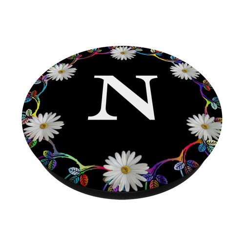 Cell Phone Pop Out Holder,Black White Daisy Flower Letter N PopSockets Grip and Stand for Phones and Tablets