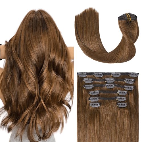 UGOTRAYS 18 Inch Chestnut Brown Clip-In Human Hair Extensions