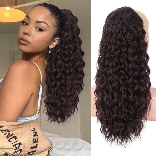 Stamped Glorious 18 Inch Curly Ponytail Extension for Women Synthetic Drawstring Ponytail Hair Extensions for Girls Daily Party Use (18 inch, Dark Brown)