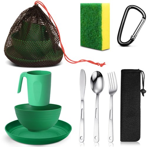 Scout Camping Mess Kit for 1 Person Boy Scout Dishes Set Girl Scout Mess Kit with Mesh Bag Reusable Light Weight Eating Utensils Plastic BPA Free Camping Cutlery Set for Travel Camp (Green)