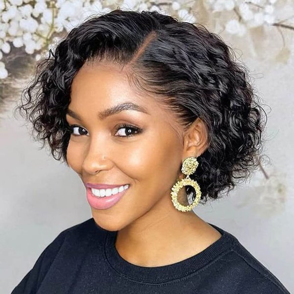 Fancy Hair Deep Curly Remy Human Hair Wig Pixie Cut Bob Lace Part Wig Natural Hairline Brazilian Virgin Hair Wig for Black Women