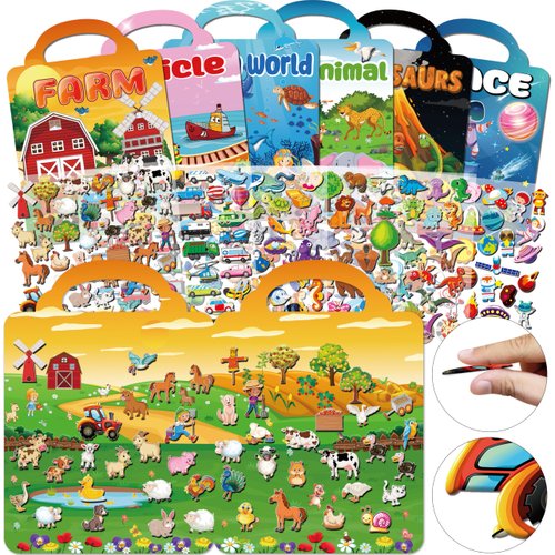 Kalysky 6Set Puffy Sticker Books for Kids 2-4, 3D Reusable Stickers Books for Toddlers 1-3,2-4,Farm+Animal+Dinosaurs+Ocean World+Space+Vehicle