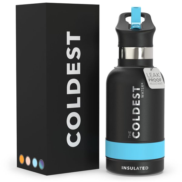 Coldest Water Bottle with Standard Mouth Straw Lid Metal Thermos Vacuum Insulated Stainless Steel l Reusable Leak Proof Cupholder Flask (12 oz, Stealth Black)