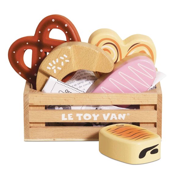 Le Toy Van - Educational Wooden Honeybee Market Baker's Basket Crate | Wood Play Food | Supermarket Pretend Play Shop Food