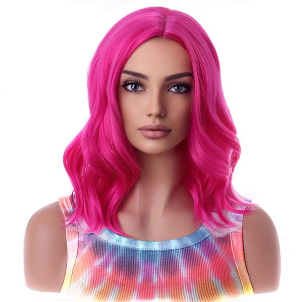 BERON Pink Womens Wig Short Curly Wavy Bob Hair Wig for Girls Side Part Hot Pink Heat Resistant Synthetic Wigs for Party Cosplay or Daily Used Wig
