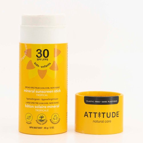 ATTITUDE Sunscreen Stick, Broad Spectrum UVA/UVB, Plant and Mineral-Based Formula, Coral Reefs Friendly, Vegan and Cruelty-free Sun Care Products, Body, SPF 30, Tropical, 3 Oz (16034)