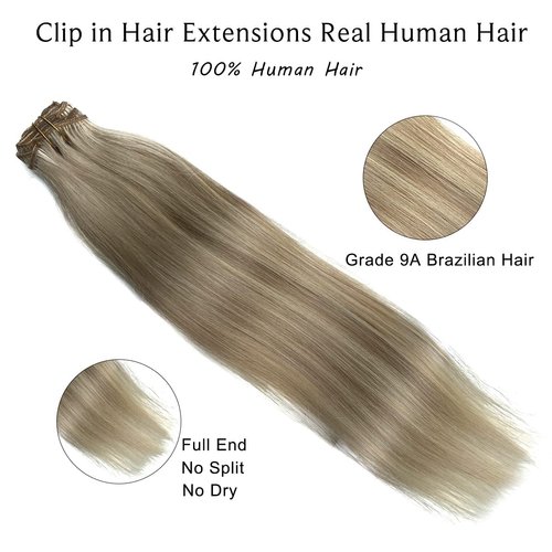 Clip in Hair Extensions,Ash Blonde Balayage Blonde Hair Extensions Real Human Hair Clip ins,18 Inch 7 Pieces 70G Double Weft Hair Extensions Human Hair Clip ins Extensions
