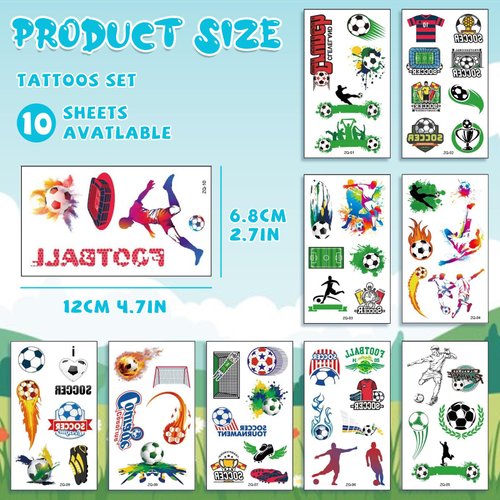 10 Sheets Soccer Tattoos Temporary,Football Fake Tattoos Designs, Waterproof Body Art Stickers, Sport Theme Fan Games Event Tattoo Decorations,Soccer Party School Reward Prizes Supplies