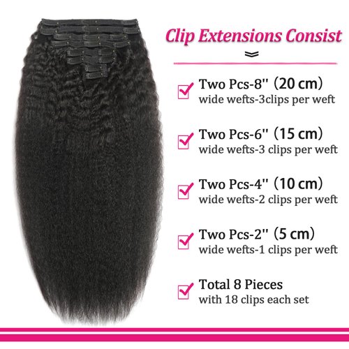 Kinky Straight Clip in Hair Extensions Real Human Hair 8Pcs 120g Kinky Clip Ins Full Head Brazilian Remy Hair Extensions for Women Natural Black Double Weft Hair Extensions Clip Ins 20 Inch