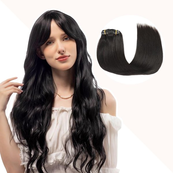 Evala Clip in Hair Extensions, 7pcs 120g Clip in Hair Extensions Real Human Hair 20 inch Clip ins #1B Natural Black Hair Extensions Clip ins Black Human Hair Extensions For Women Straight Double Weft
