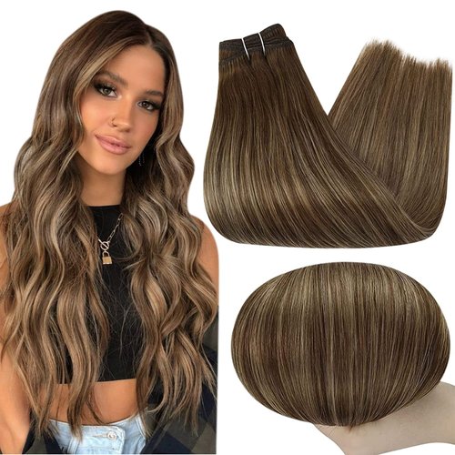 Full Shine Hair Weft Bundles Sew in Remy Human Hair 105 Gram Weft Hair Extensions Color 4 Fading to 24 Honey Blonde Highlight 4 Brown Sew in Hair Extensions Weave in Extensions 24 Inch