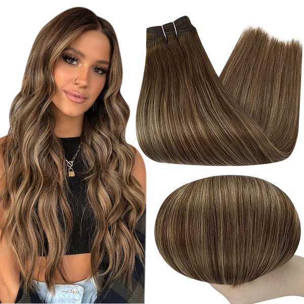 Full Shine Hair Weft Bundles Sew in Remy Human Hair 105 Gram Weft Hair Extensions Color 4 Fading to 24 Honey Blonde Highlight 4 Brown Sew in Hair Extensions Weave in Extensions 24 Inch