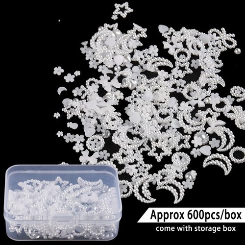 Fcozpjk Muliti Shape Pearl Nail Charms, 600Pcs Flatback White Pearl Charms for Nail Art, Heart Star Moon Bow Nail Charms,Y2K Nail Art, Nail Gems Kit With Gel Glue, Picker Pencil and Tweezers