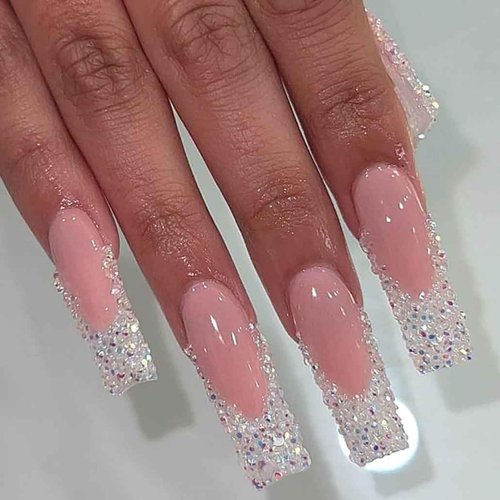 Foccna Square Press on Nails Long French, Pink Fake Nails Acrylic Black False Nails,Crystal Artificial Nails for Women and Girls, 24pcs (Nails 3)
