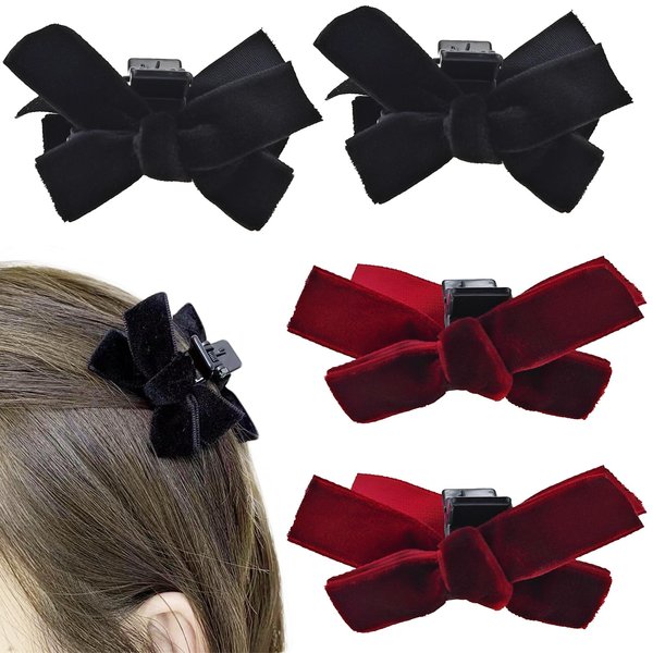 4 PACK Mini Velvet Hair Bow Clips Black Red Bow Hair Claw Clip No Slip Bow Jaw Clips Bows Hair Barrettes Accessories for Women