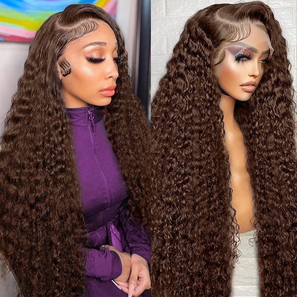 13x6 Chocolate Brown Lace Front Wig Human Hair 30 Inch Deep Wave Lace Front Wigs Human Hair Pre Plucked 180 Density HD Lace Frontal Curly Glueless Wigs Human Hair Colored Brown Wavy Wig Human Hair