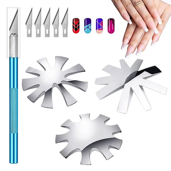 French Smile Line Cutter 3PCS French Nail Cutters Manicure Staniless Steel V Shape Edge Trimmer Templates, Diy Plate Module Cutter with Handles Knife 5 Spare Blades Nail Cutter for Acrylic