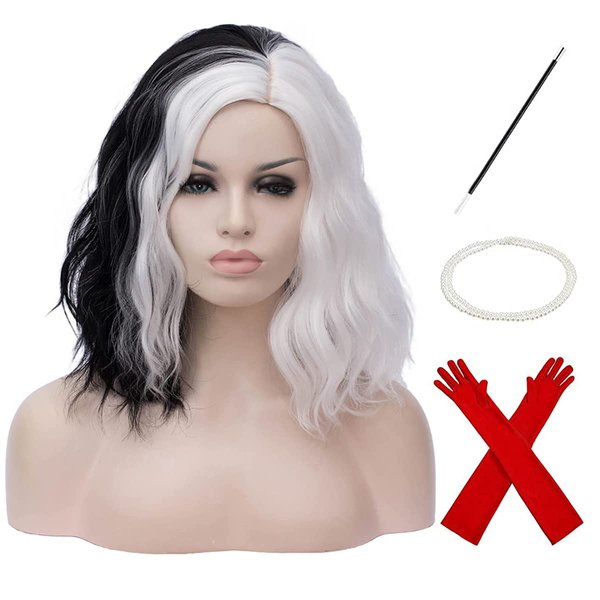 MAGQOO Black White Wig Black White Wig for Women Short Curly Wavy Hair Wigs Synthetic Heat Resistant Cosplay Costume Party Wigs