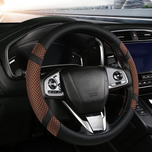 BOKIN Car Steering Wheel Cover 14.5 Leather Wheel Covers for Men Women Brown Steering Wheel Accessories with Breathable Microfiber