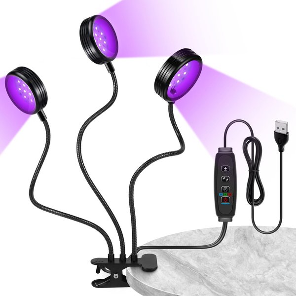 YGS-Tech UV Black Light, 15W UV Lamp with USB, Three Head Dimmable Gooseneck UV Light, Wavelength 389-405nm Black Light for Resin, Neon Body Paint, Bedroom and Glow Party Decorations