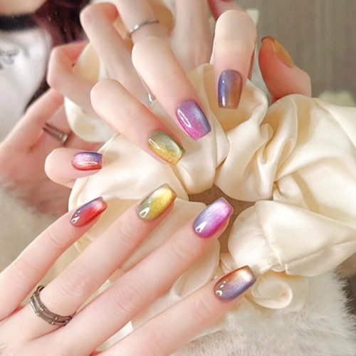 Vopintpy Multicolor Gradient Cat Eye Press on Nails Short Square Fake Nails Mirror Acrylic Nails with Glue on Nails Reusable Stick on Nails for Women DIY Charm Manicure